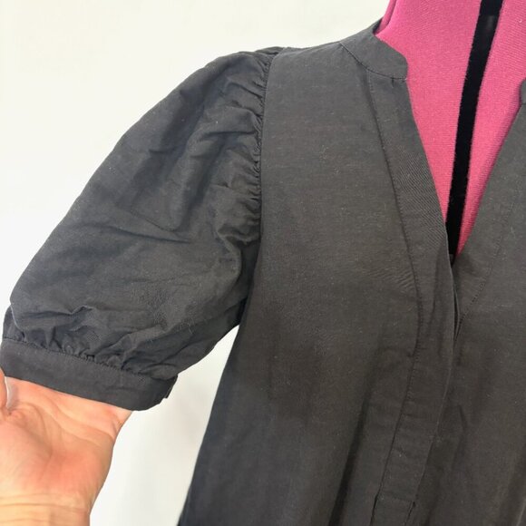 Ann Taylor Black Linen Midi Dress Puff Sleeves V Neck Medium M - Picture 8 of 13